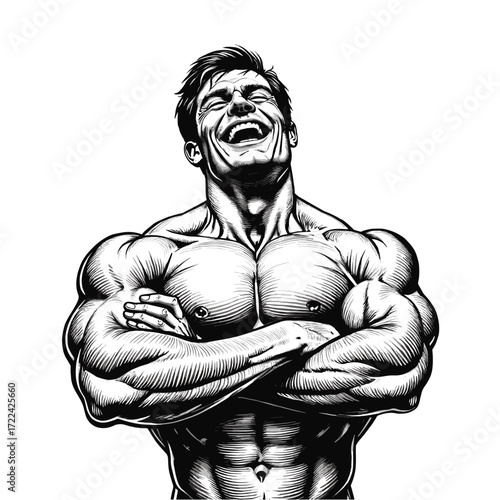 Engraving of Joyful Bodybuilder