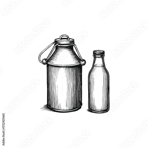 Engraving of Vintage Milk Can and Bottle