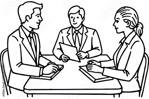 Business meeting with two men and one woman at a table Keywords: business meeting, collaboration, teamwork
