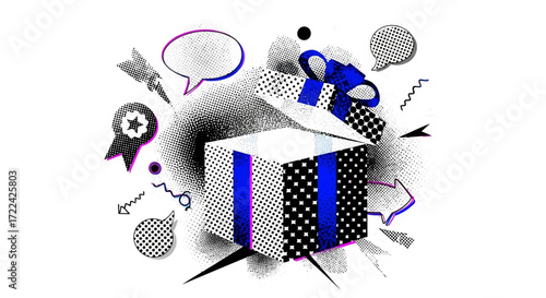 Open Gift Box with Blue Ribbon, Pop Art Style