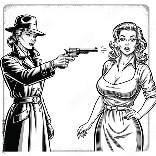Engraving of a Woman in a Trench Coat Pointing a Gun at Another Woman