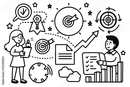 Business strategy and goal achievement with people and icons on white background Keywords: business