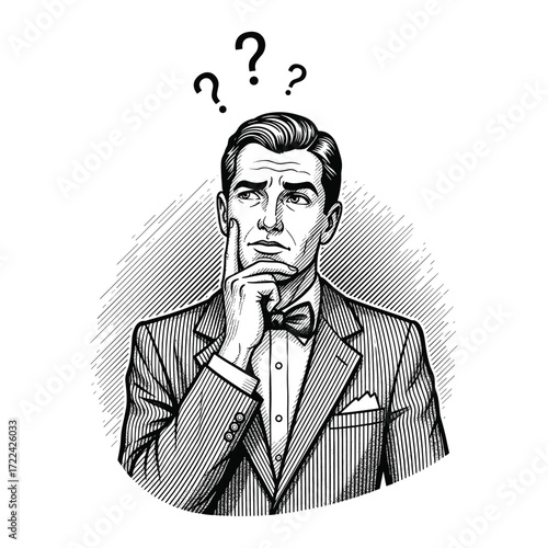 Engraving of a Man in a Suit with a Question Mark over his Head