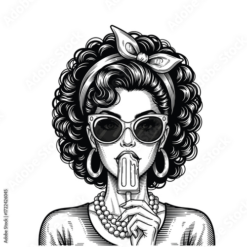 Engraving of a Pin-Up Woman in a Dress with a Bandana and Sunglasses Eating a Popsicle