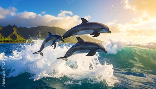 “Two dolphins leaping from ocean waves at sunset, with golden light reflecting off water and silhouetted mountains in the distance. Dynamic marine wildlife scene with vibrant coastal atmosphere.”