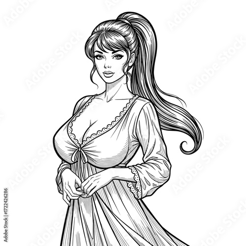 Engraving of Classic Pin-up Woman in a Nightgown