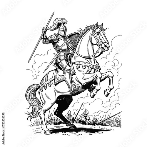 Engraving of Medieval Knight on Rearing Horse