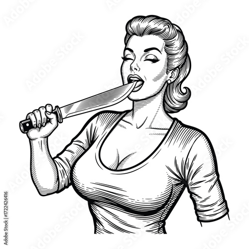 Engraving of Pin-up Woman with a Dagger
