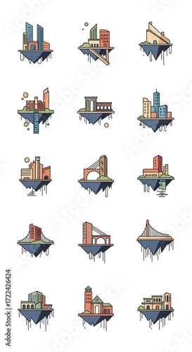 Collection of stylized illustrations depicting floating architectural structures with various building designs.