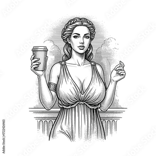 Engraving of Retro Woman in Toga Holding a Coffee Cup