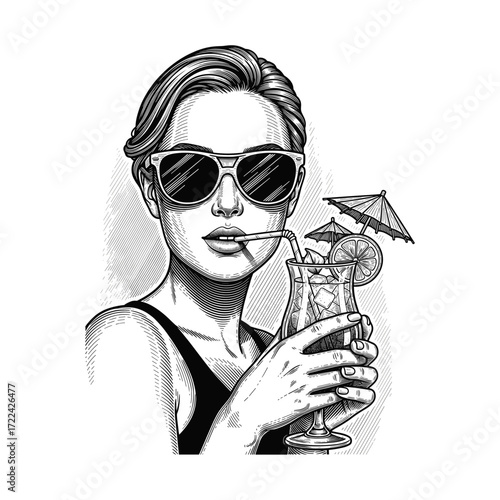 Engraving of Pin-up Woman in Sunglasses with a Cocktail