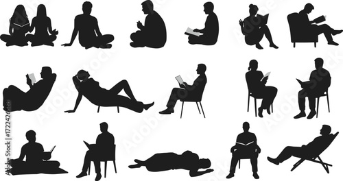 Silhouette people reading books, sitting on floor, relaxing on chair, lying down, learning, studying, leisure activity, black vector illustration, education.