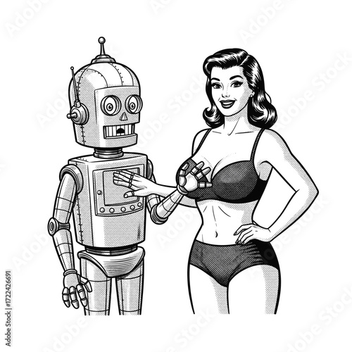 Engraving of Retro Pin-up Woman and Robot