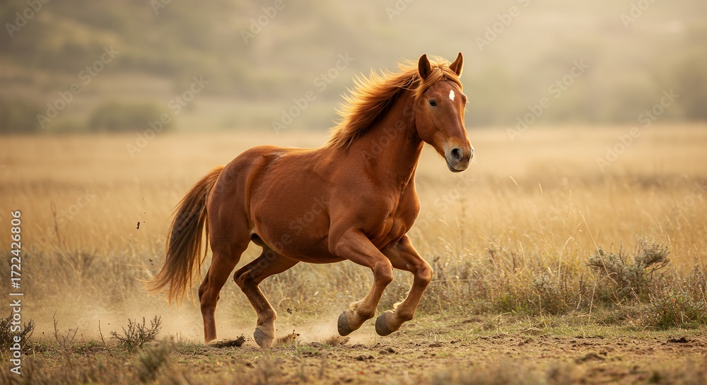 Obraz premium Brown horse running through golden field