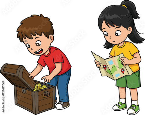 Cartoon kids on treasure hunt, boy finds gold coins in chest, girl reading map, childhood adventure, fun exploration, discovery illustration