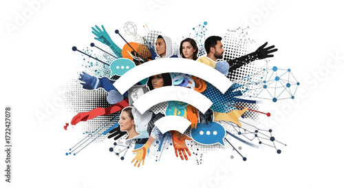 Diverse People and Elements with WiFi Symbol: Connectivity and Communication Concept