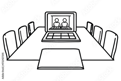 Laptop showing people on screen in a meeting room with chairs and table video conference