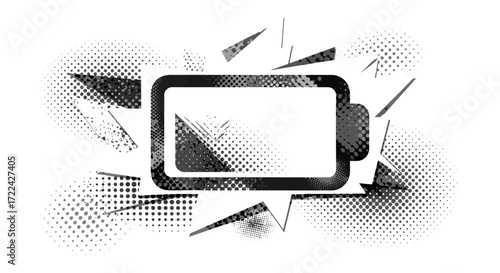 Low Battery Icon with Halftone and Shattered Effect in Black and White