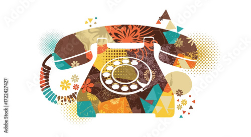 Retro Rotary Phone with Colorful Geometric and Floral Patterns