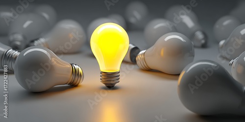 Bright yellow lightbulb glowing with a brilliant idea, standing out from a crowd of dull white bulbs