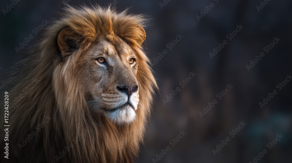 Naklejka premium World Lion Concept. Majestic lion with a flowing mane in a dark background.