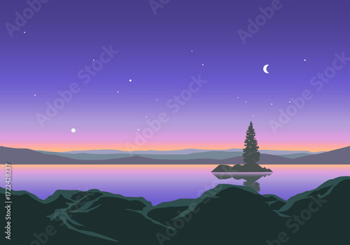 Tranquil night at  lake with island