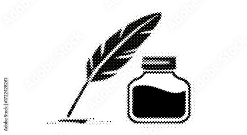 Black Feather Quill and Inkwell Illustration