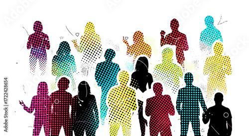 Diverse Group of People Silhouettes with Halftone Patterns on White Background