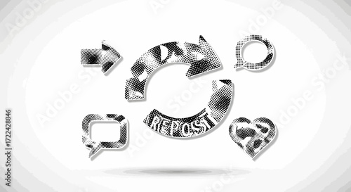 Halftone Style Social Media Icons: Repost, Share, Like, Comment