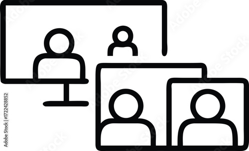 Video conference icons showing three people in separate screens on a white background online meeting