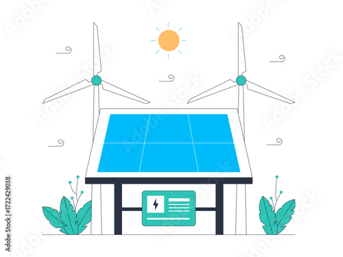 Solar panels and windmills that generate electrical energy from nature. Green energy vector illustration. Flat illustration.