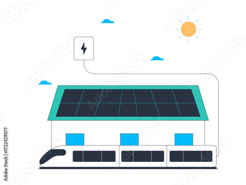 Solar panels that can generate electrical energy for the operation of electric trains. Green energy vector illustration. Flat illustration.
