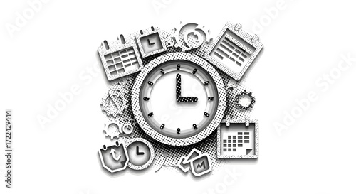 Abstract Clock and Calendar Elements on White Background