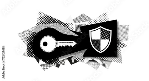 Key and Shield Security Icon with Halftone Pattern Background