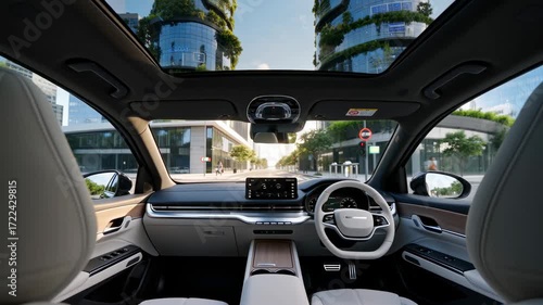 Driving through a modern city with a panoramic sunroof view from a luxury car interior at sunrise
