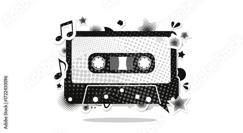 Retro Cassette Tape with Halftone Pattern and Musical Notes Decoration