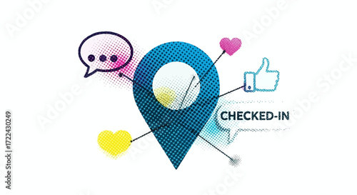 Colorful Location Pin with Social Media Icons and "Checked-In" Text