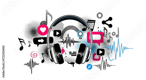 Stylish Headphones with Music Waves and Social Media Icons