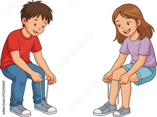 Children tying shoelaces, boy and girl sitting on floor, learning shoe tying skill, footwear practice, kids education, childhood activity