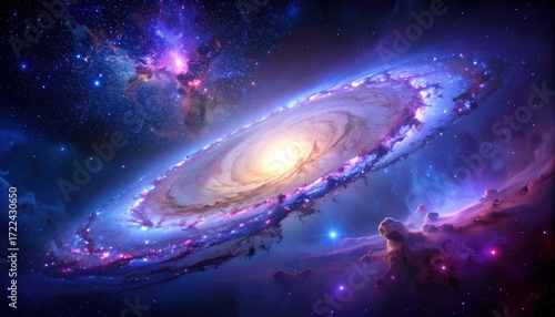 Sweeping cosmic vista a bright, spiraling galaxy dominates, surrounded by nebula clouds, stardust, and points of light in the vast emptiness