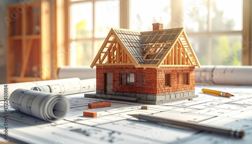 Model of a partially constructed brick house with a wooden frame resting on blueprints with a pencil, bathed in natural light from the window