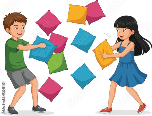 Happy children playing pillow fight, boy and girl having fun, colorful cushions flying, kids indoor activity, joyful childhood entertainment