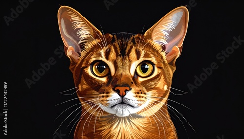 Vibrant digital portrait of an Abyssinian cat head against a stark black background, showcasing its striking amber eyes and patterned fur