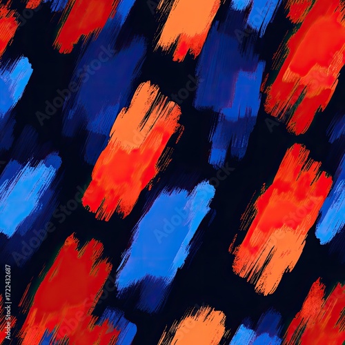 Abstract pattern of vibrant brushstrokes in bold reds, blues, and oranges on a dark background