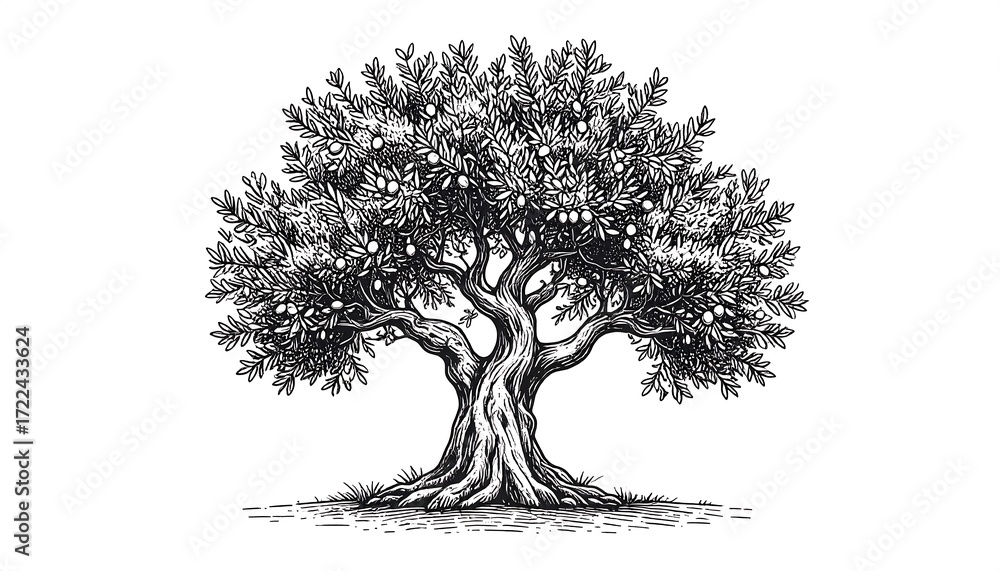 Fototapeta premium Detailed Olive Tree Illustration - A Symbol of Peace and Abundance.