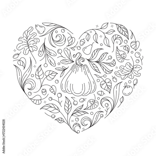 Pumpkin and autumn foliage doodle heart vector illustration. Seasonal cozy coloring page.