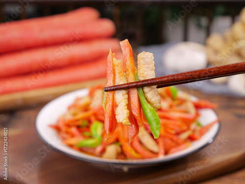 Stir Fried Shredded Pork with Carrot and Vegetables Asian Cuisine Chopsticks
