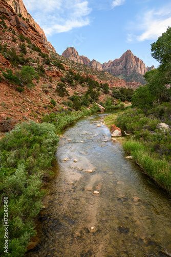 Scenic landscape with The Watchman mountain peak above the Virgin River, outdoor recreation, Zion National Park, Utah
