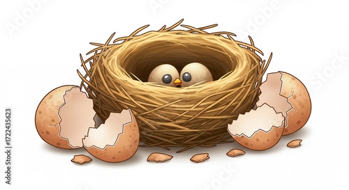 Birds nest with broken eggs