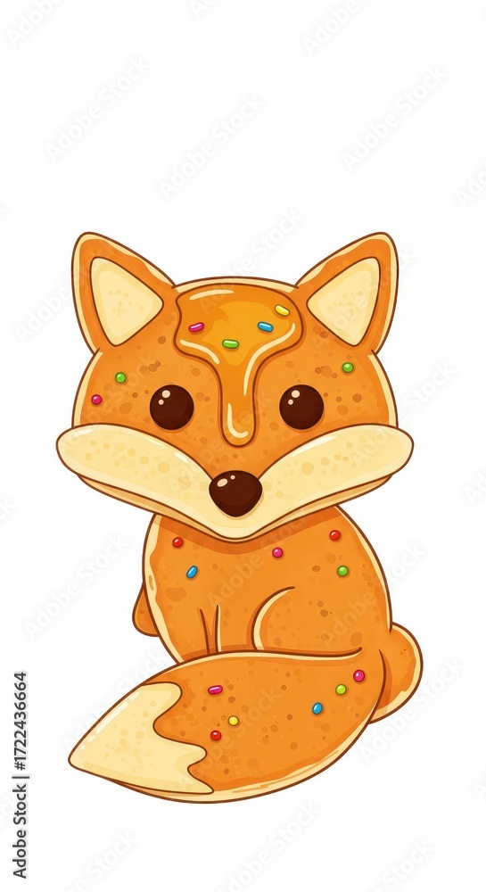Fototapeta premium Cute cartoon fox shaped like a pancake topped with colorful sprinkles and syrup, presented against a plain white background.